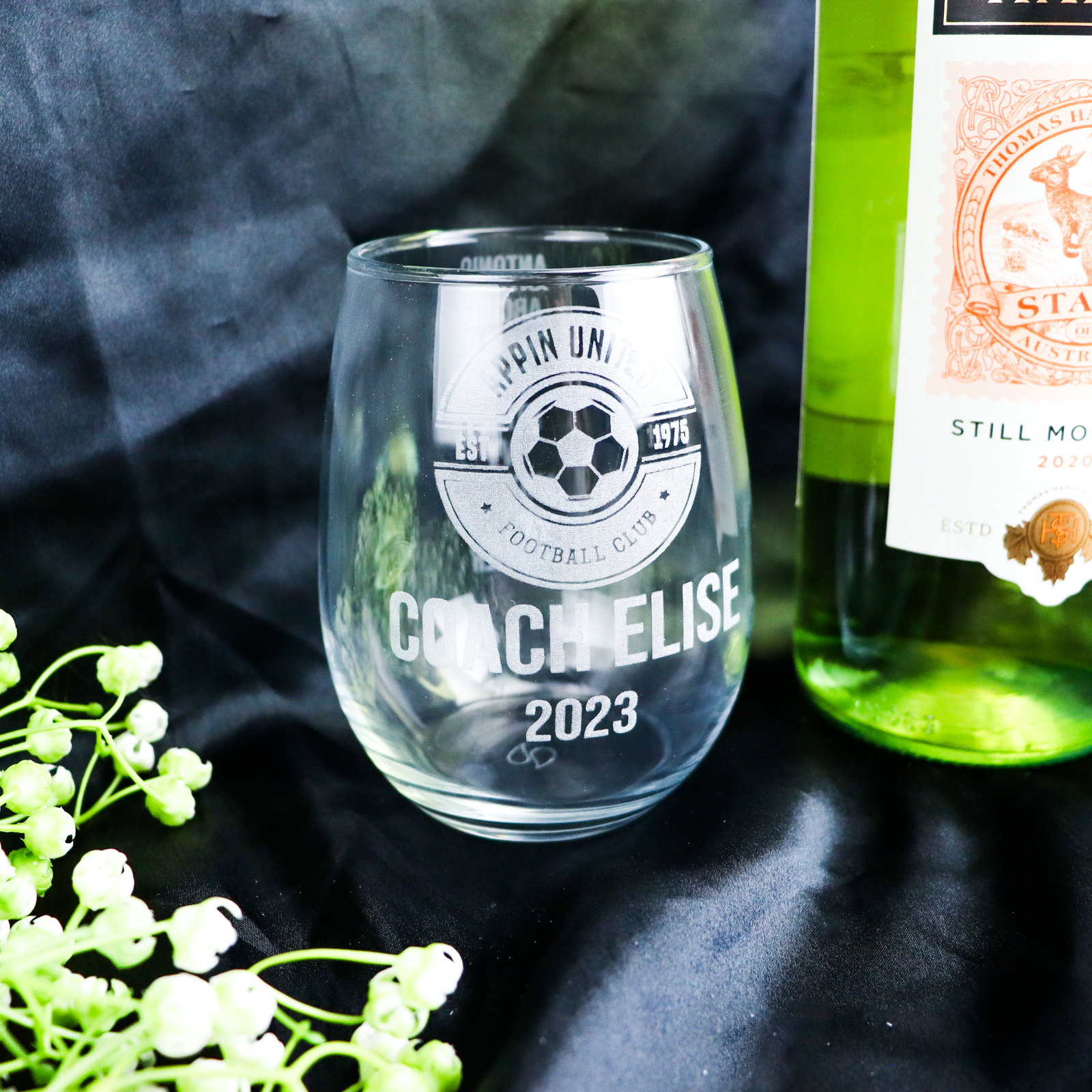 Coach stemless wine glass for sports teams