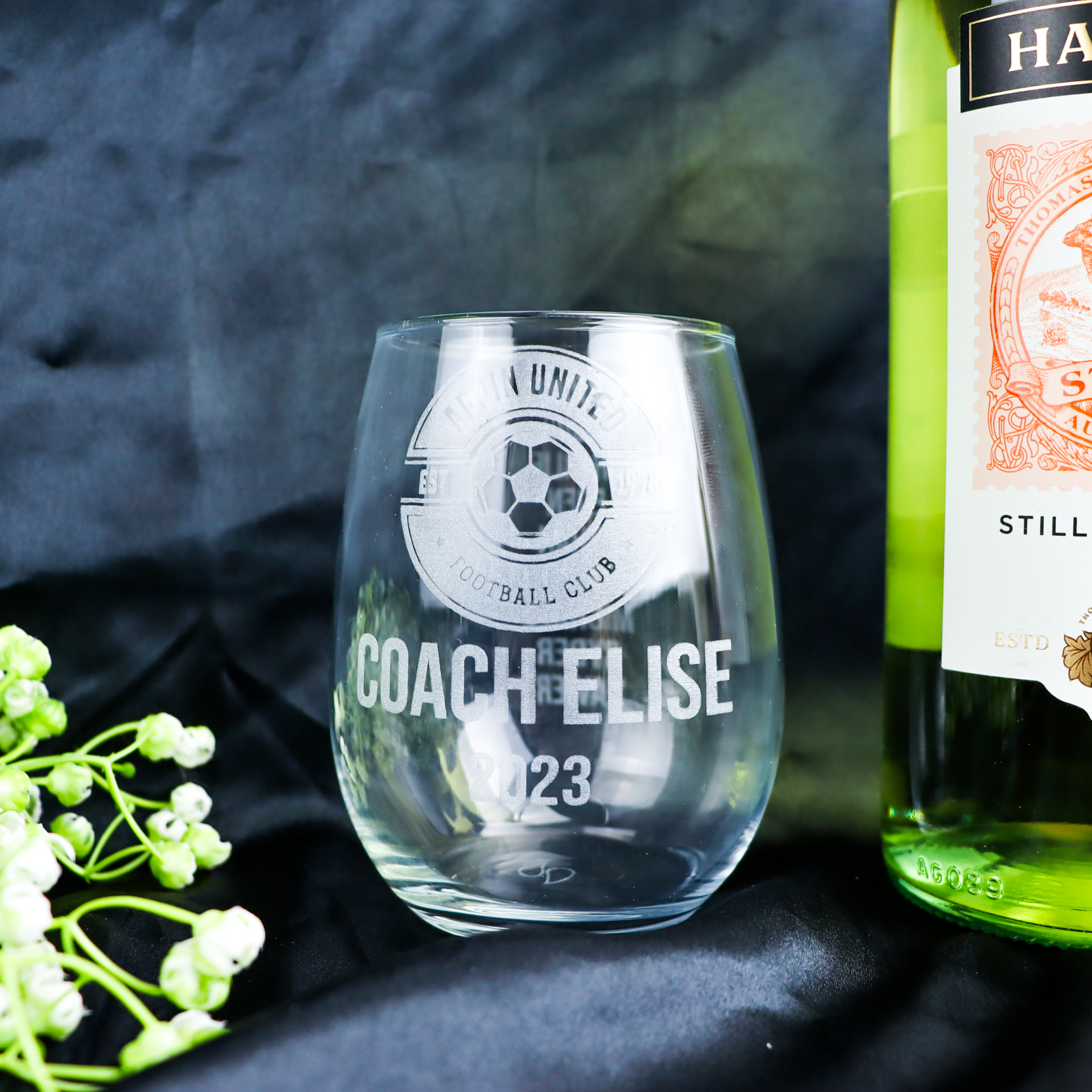 Coach stemless wine glass for sports teams