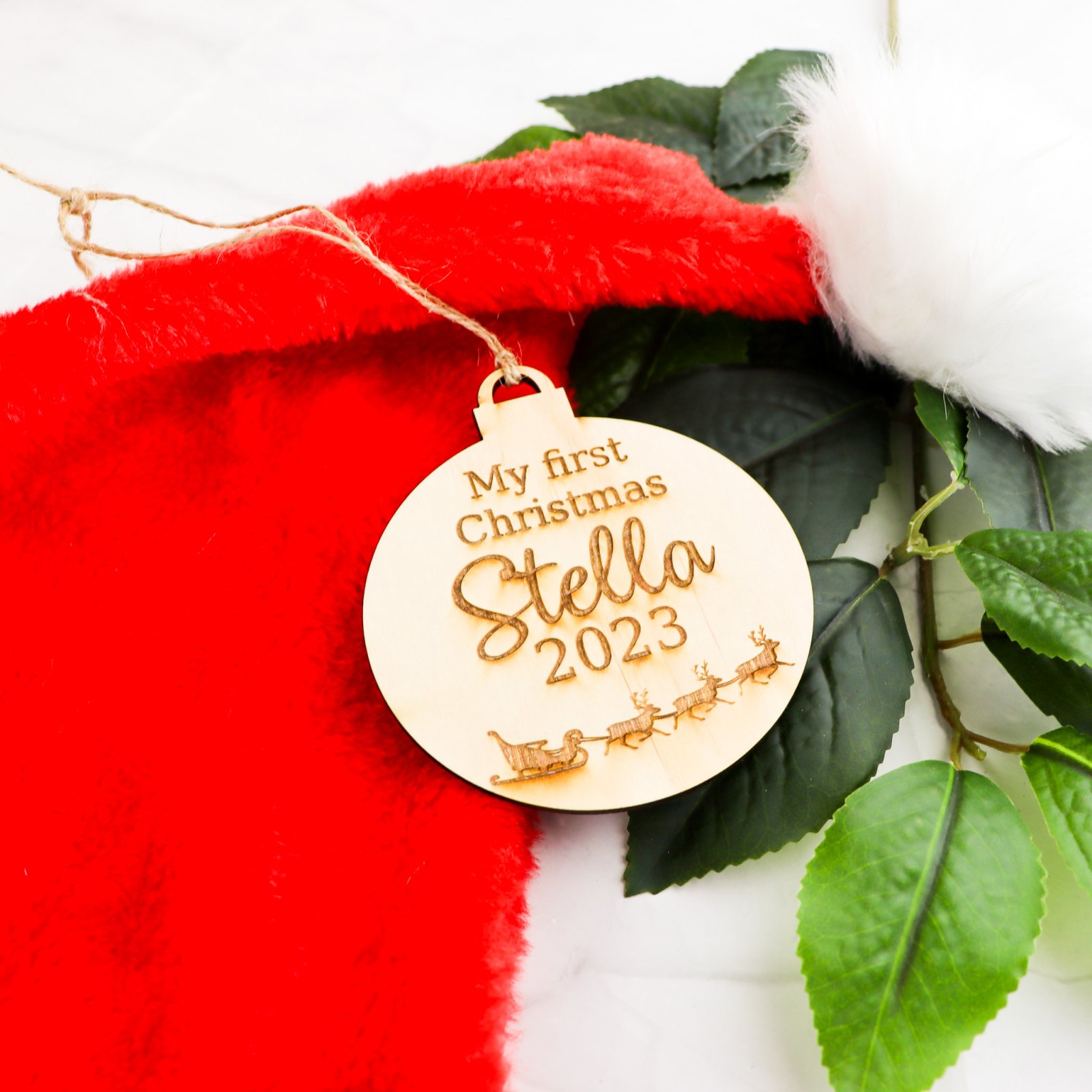 Personalised first christmas santa sleigh ornament