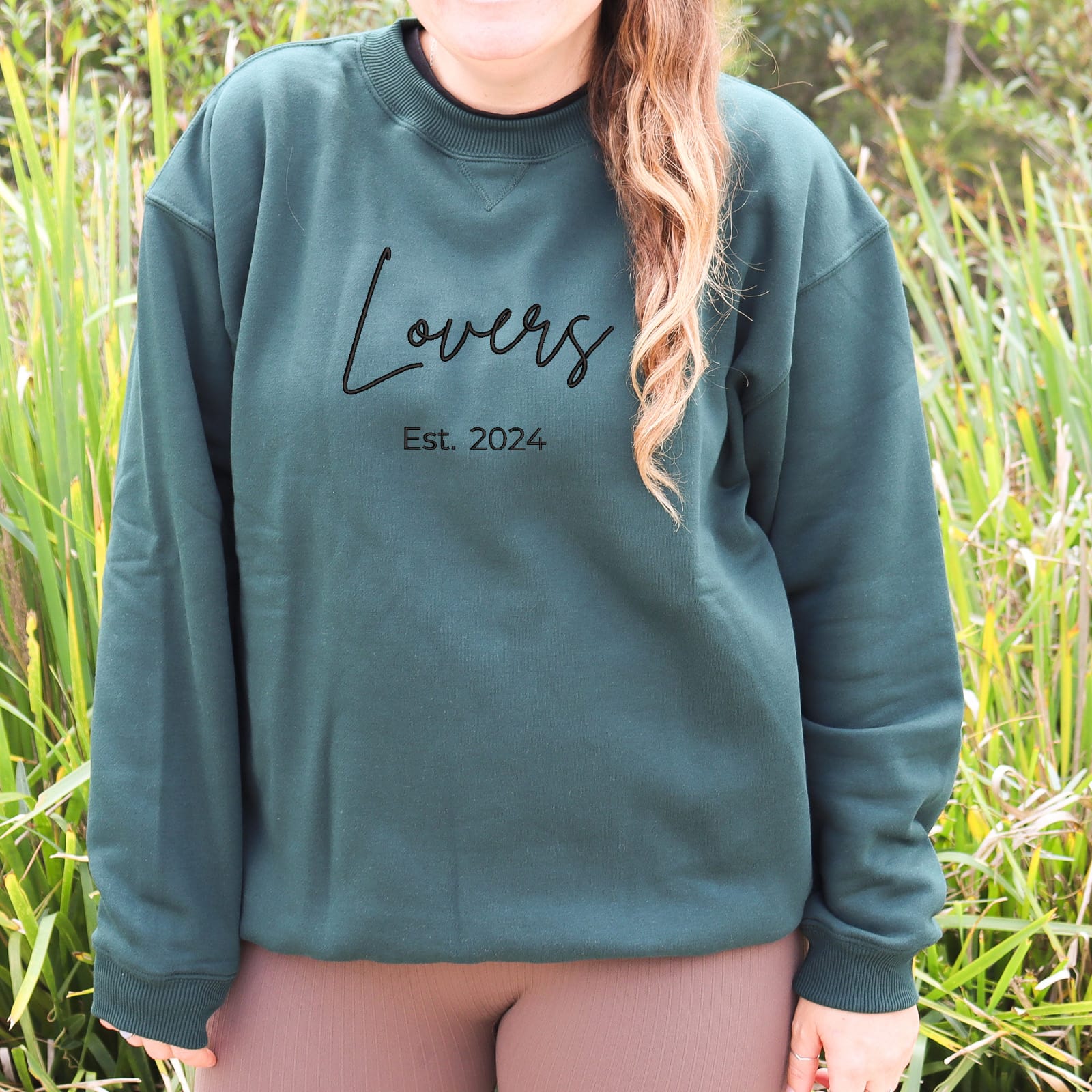 Lovers Embroidered Outline Jumper / Crewneck Bottle Green