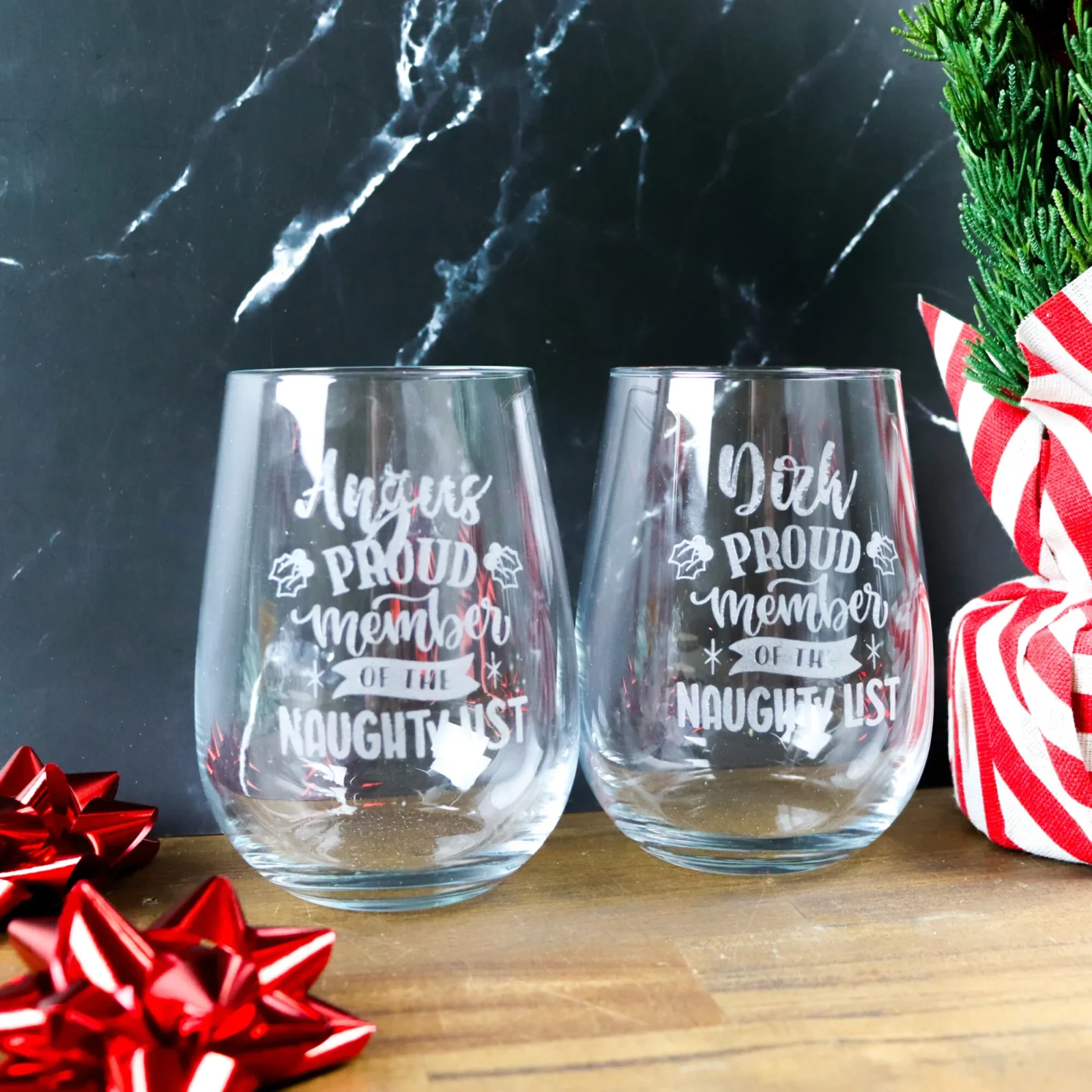 The naughty list stemless wine glass