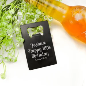 Birthday personalised card bottle opener black