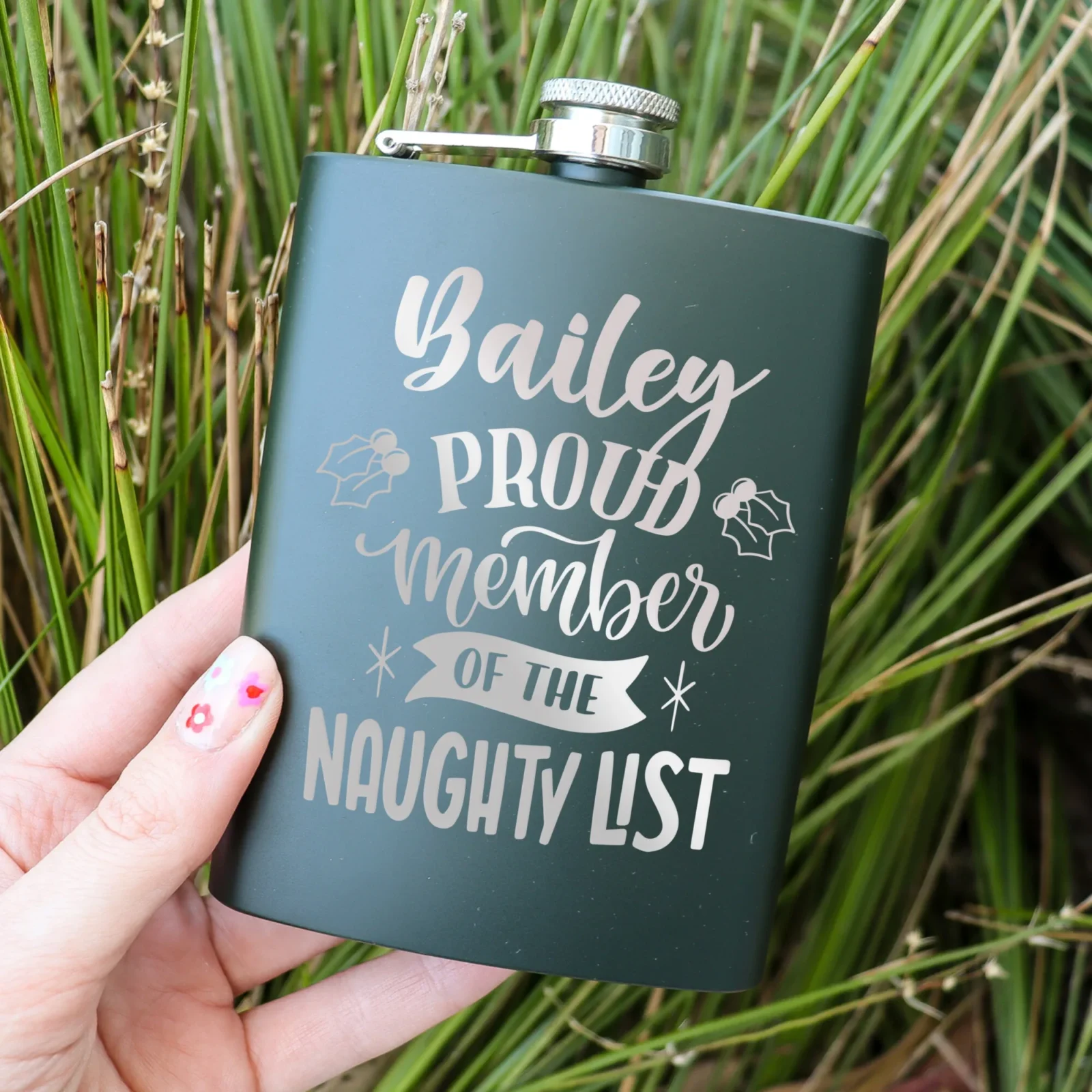 Naughty List Christmas Flask Bottle Green