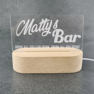 Bar Sign LED Light Engraved with Wooden Base