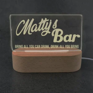 Bar Sign LED Light Engraved with Wooden Base