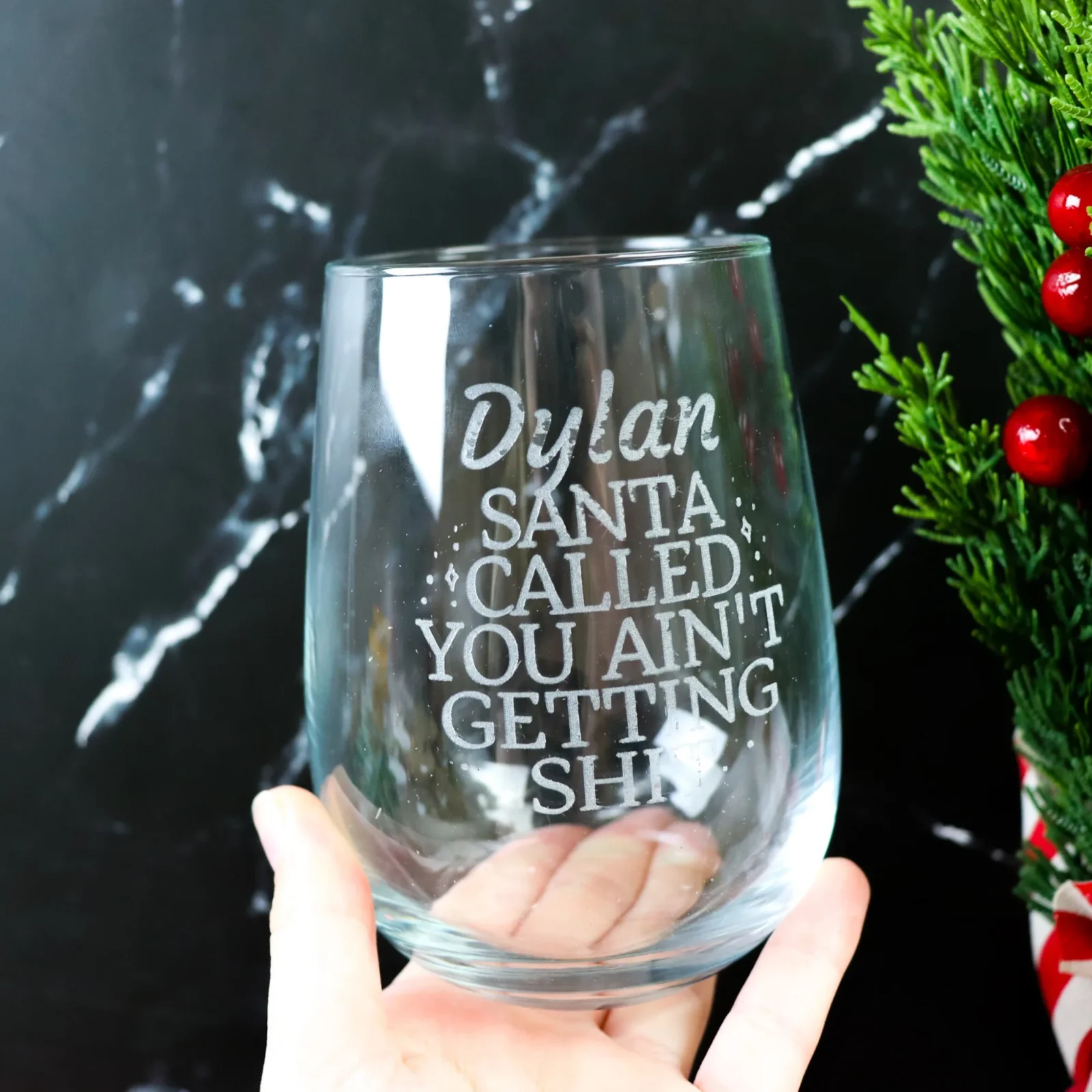 Santa called stemless wine glass