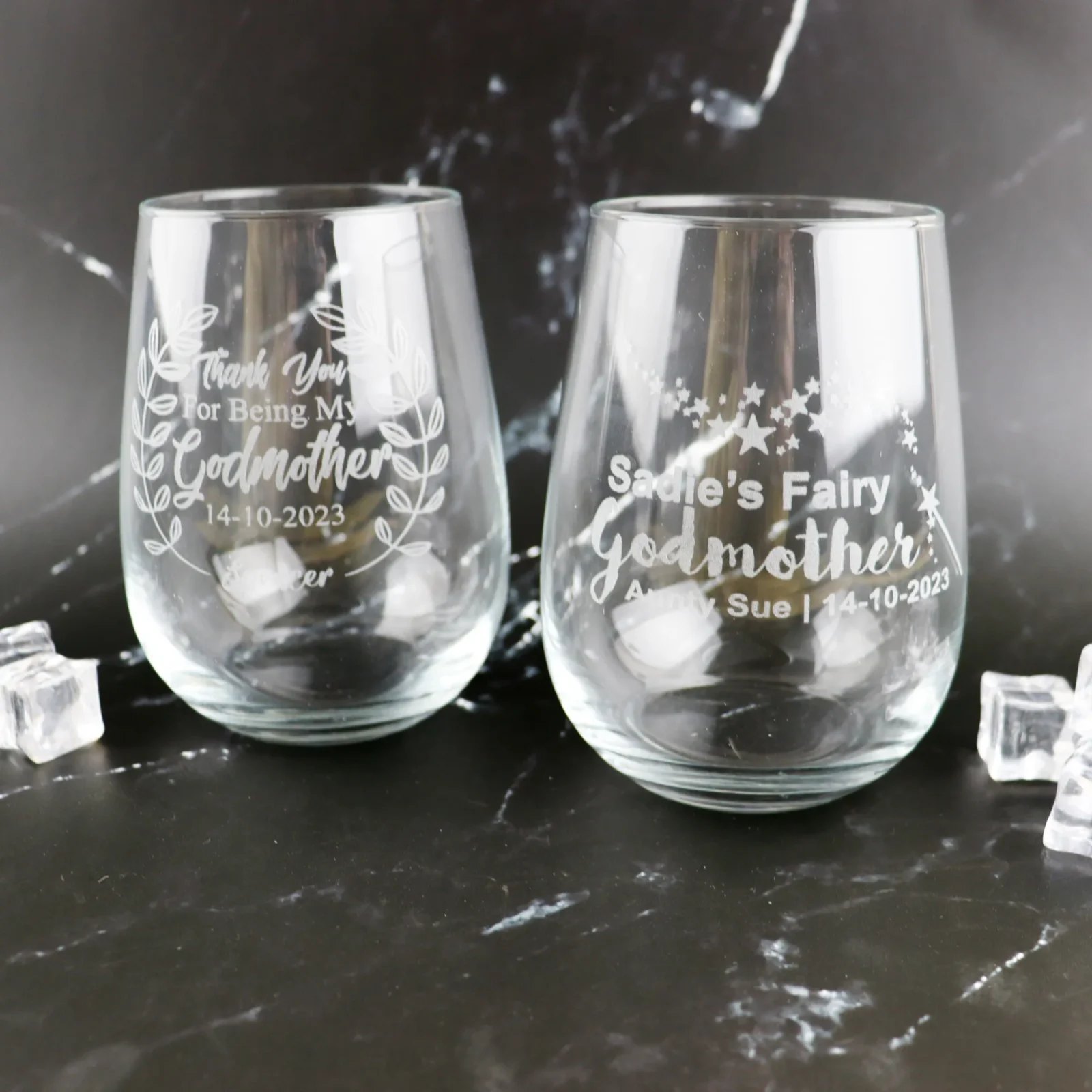 Stemless wine glass: godparent design