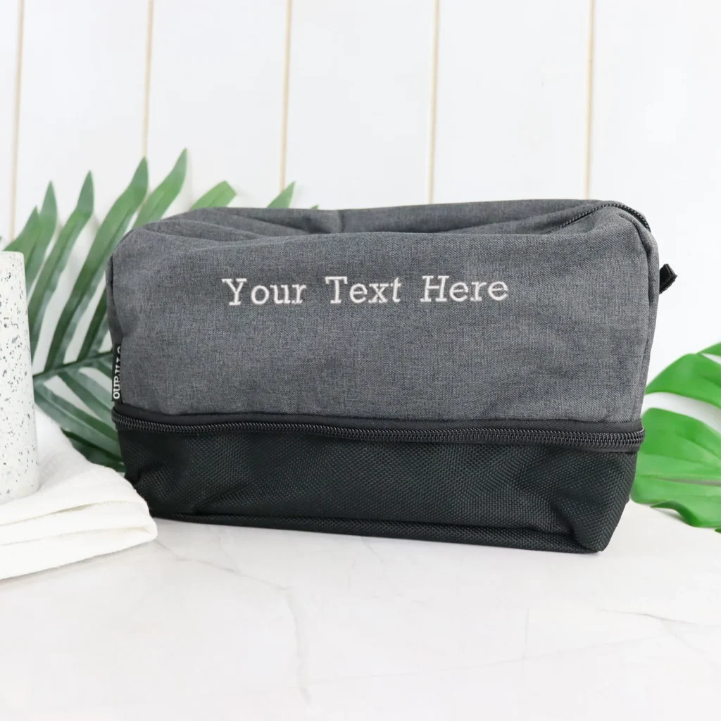 Personalised gift ideas under $50 - embroidered grey toiletries bag