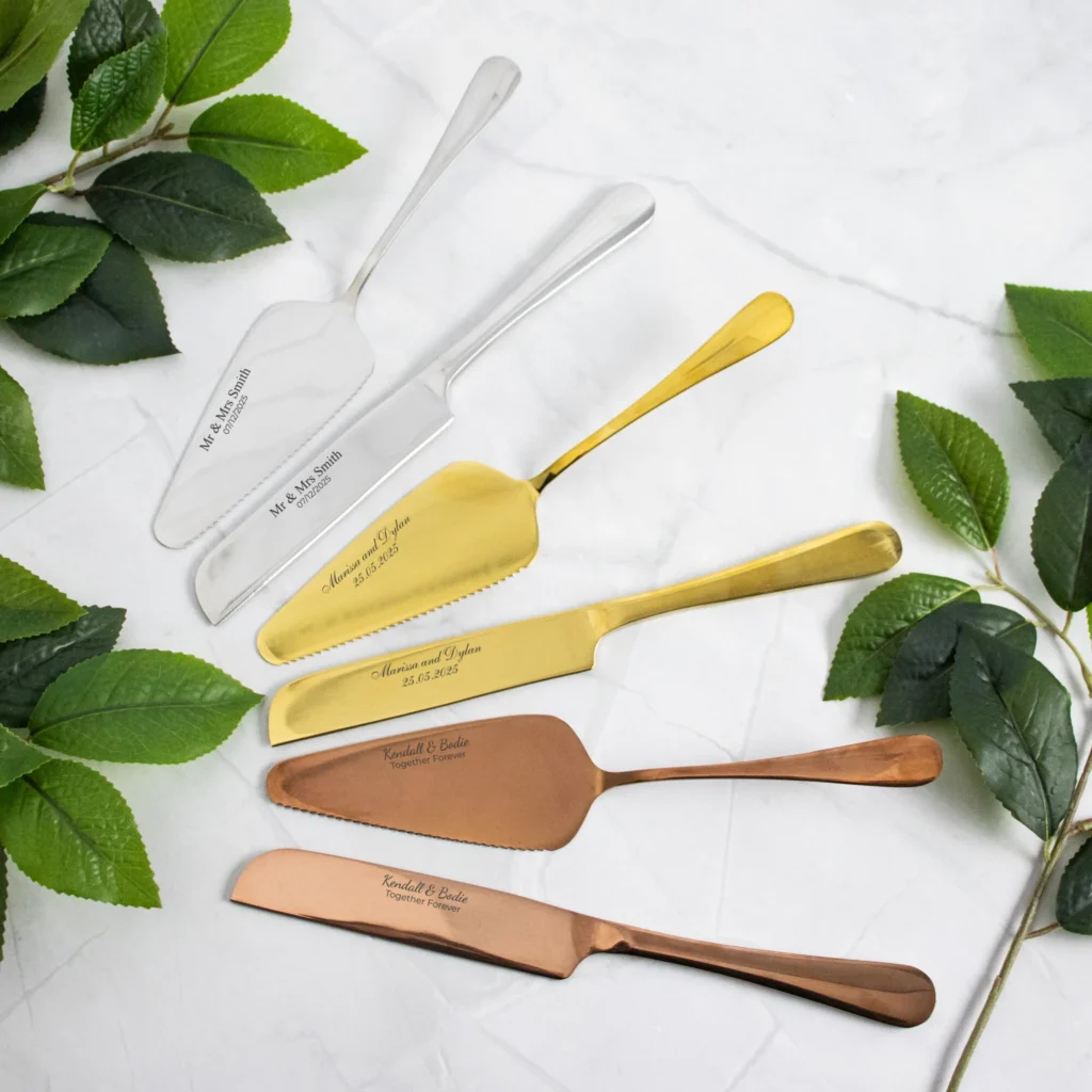 Personalised engraved wedding knife and server set