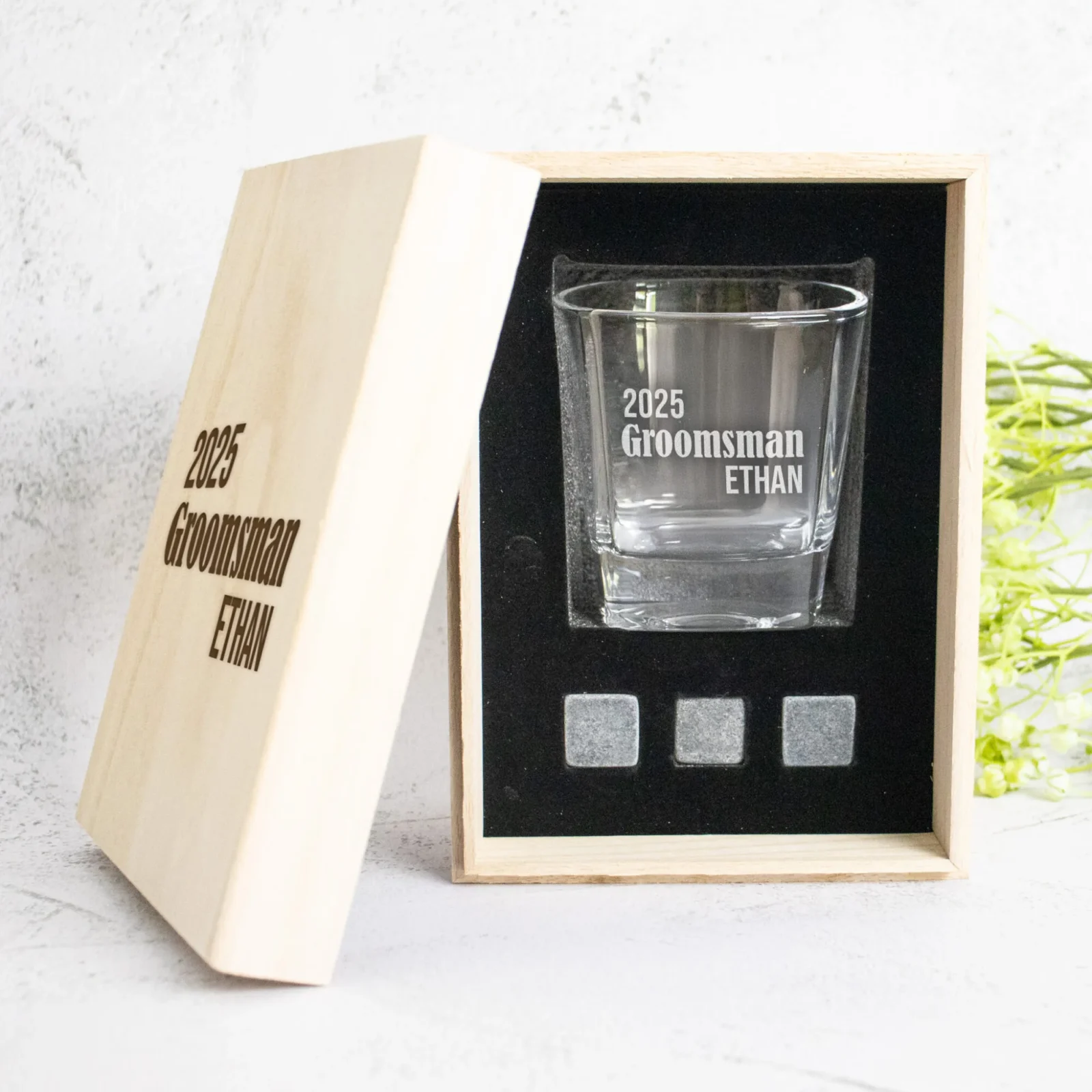 Groomsman Boxed Scotch Glass Set with Whiskey Stones