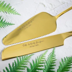 Personalised engraved wedding knife and server set