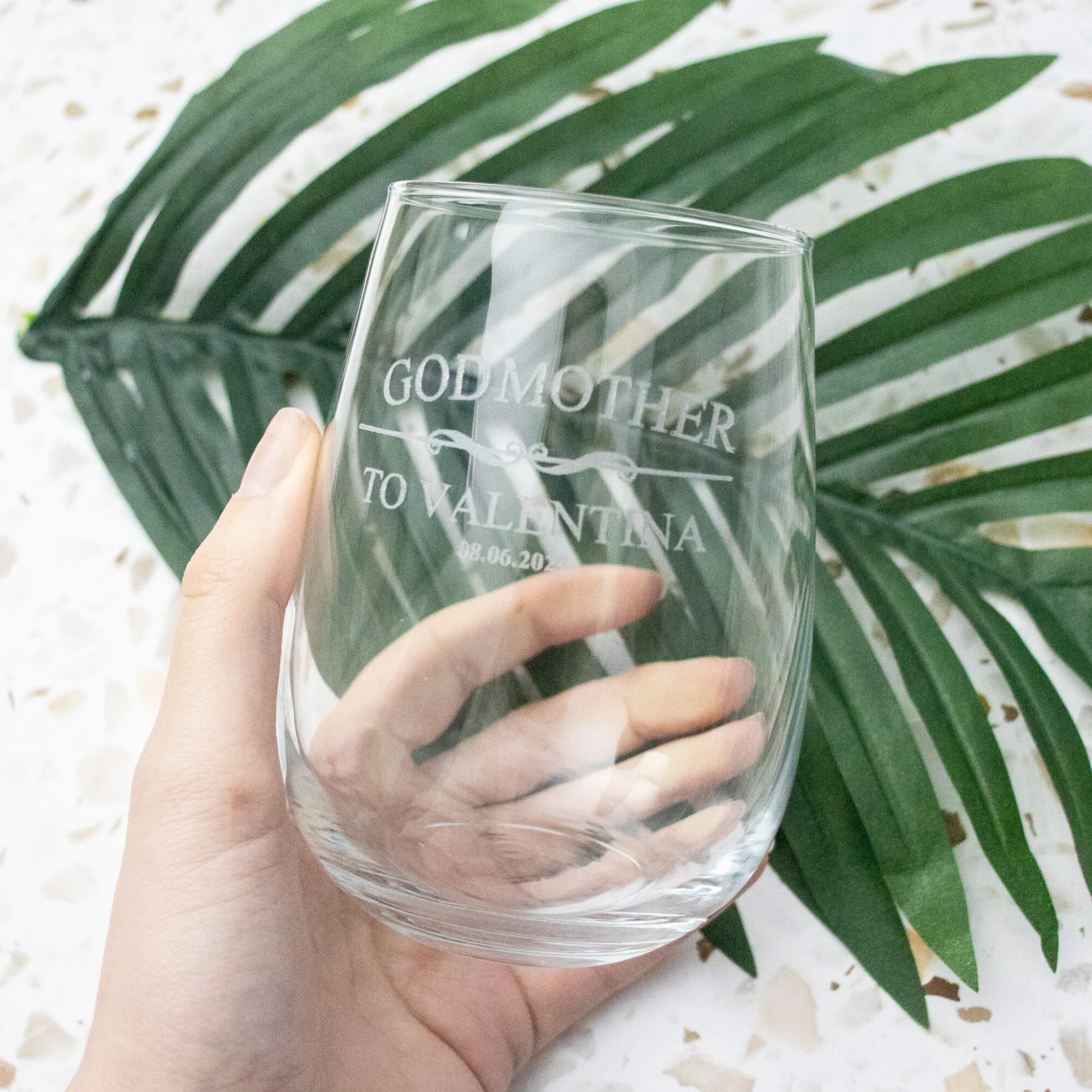 Stemless wine glass: godparent design 2 Stemless wine glass godparent design