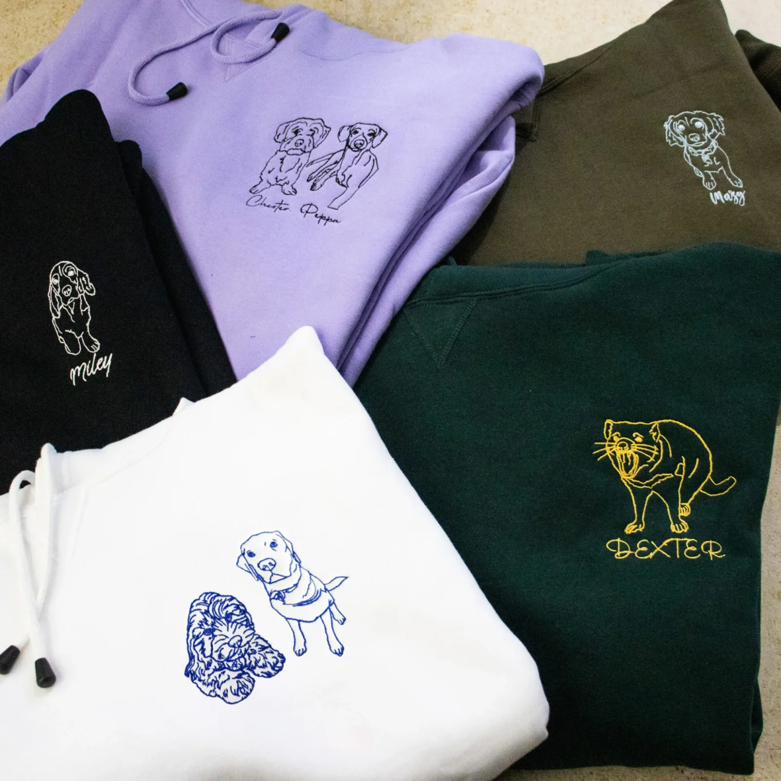 Custom Pet Portrait Hoodie 1-3 Pets Embroidered Outline