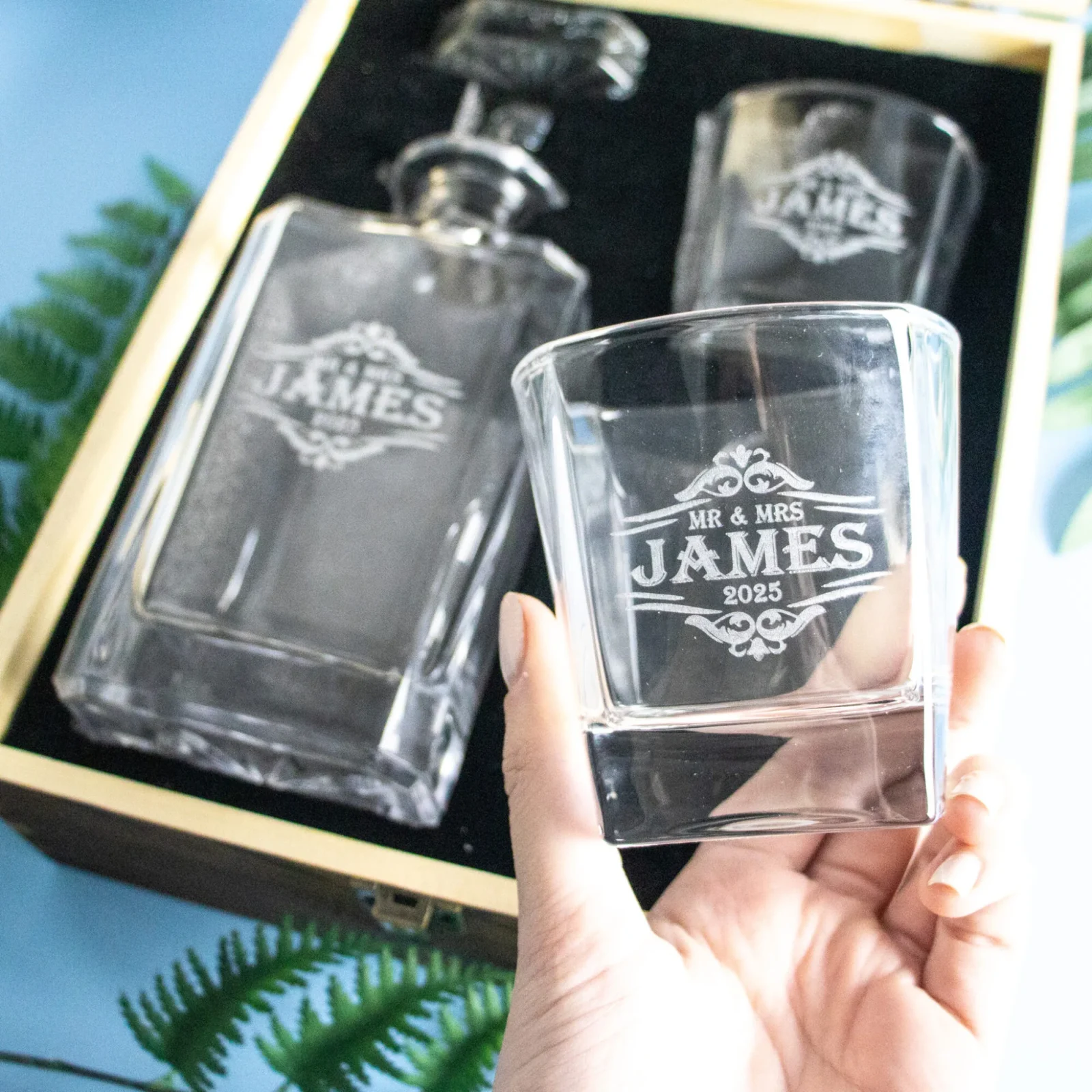 Fancy Vintage Boxed Decanter Set With Two Glasses