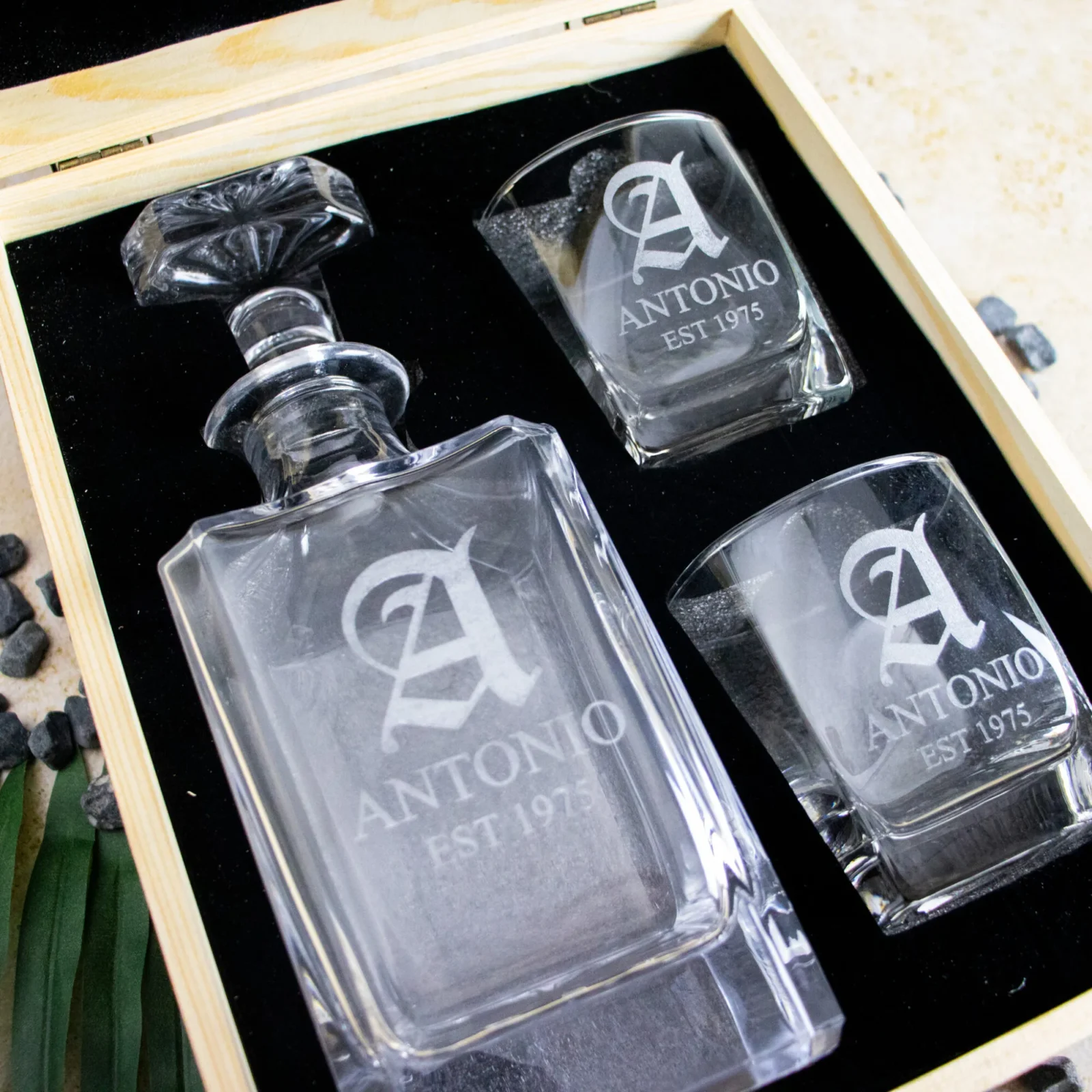 Monogram Boxed Vintage Decanter Set With Two Glasses