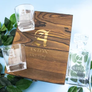 Monogram Boxed Vintage Decanter Set With Two Glasses