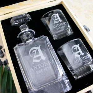 Monogram Boxed Vintage Decanter Set With Two Glasses