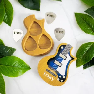 Personalised Boxed Guitar Picks Set of Three - Engraved Steel Picks & Printed Bamboo Box