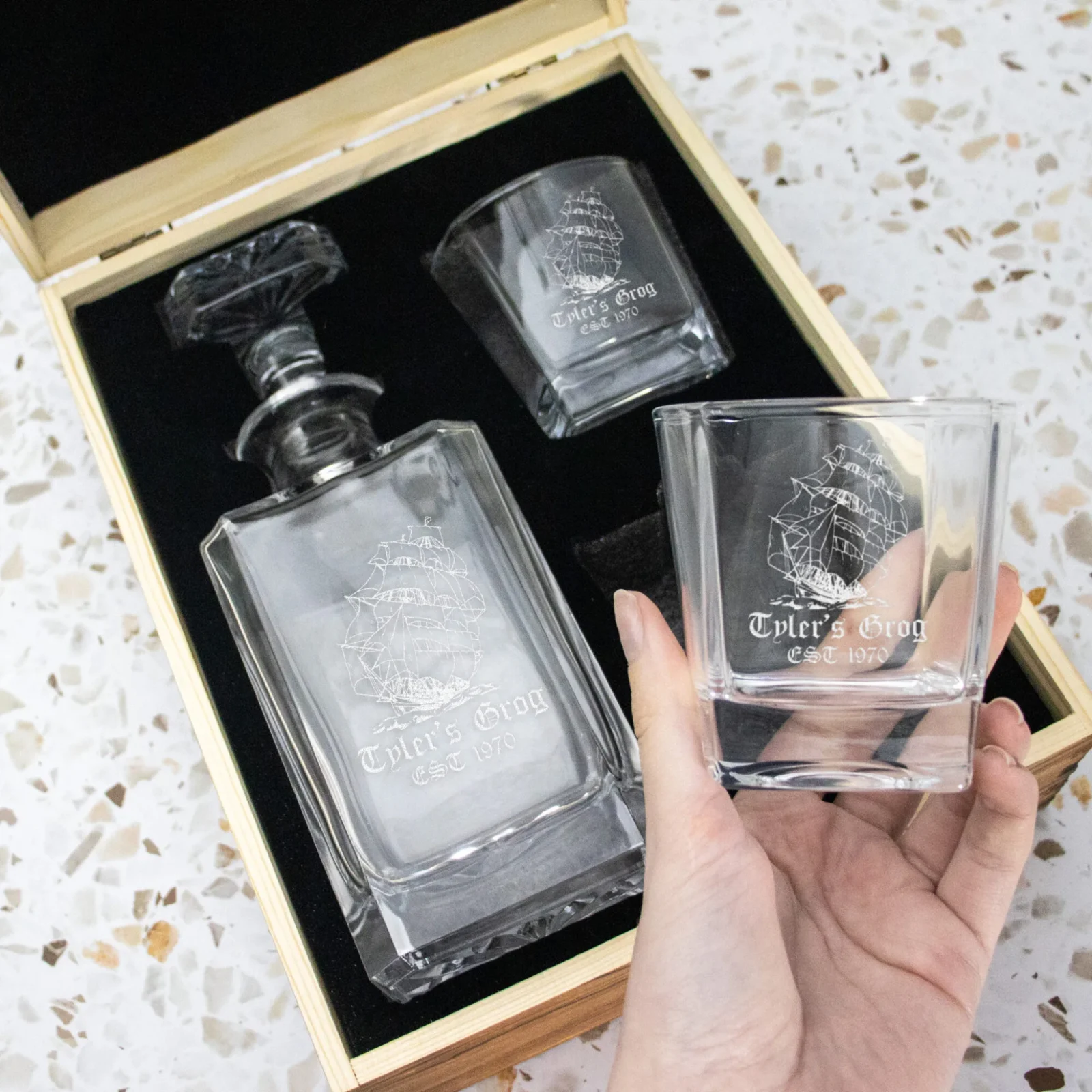 Shipmate Personalised Vintage Boxed Decanter Set With Two Glasses