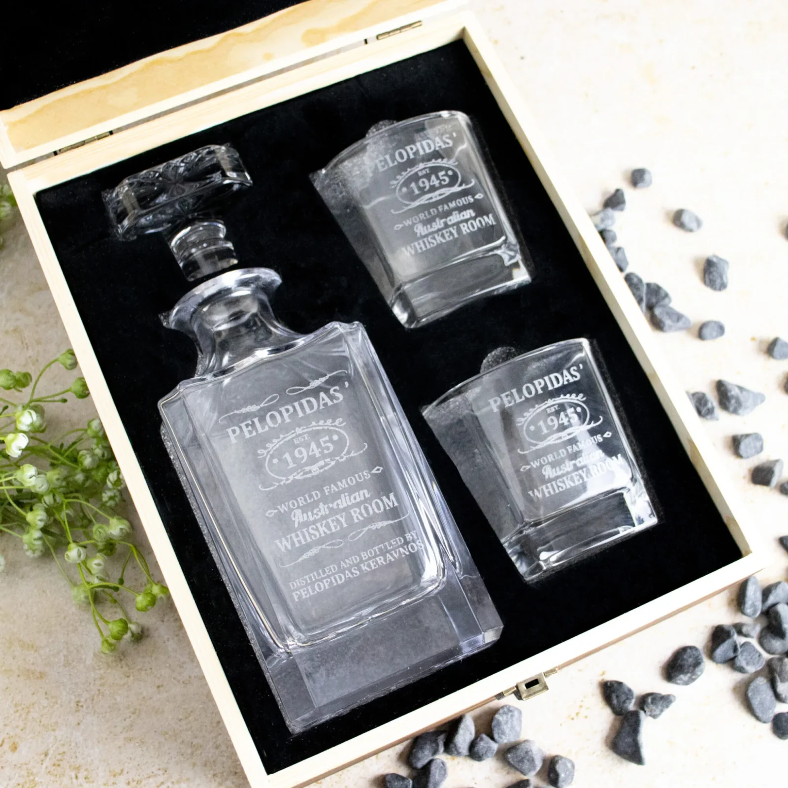 Personalised Whiskey Vintage Boxed Decanter Set With Two Glasses