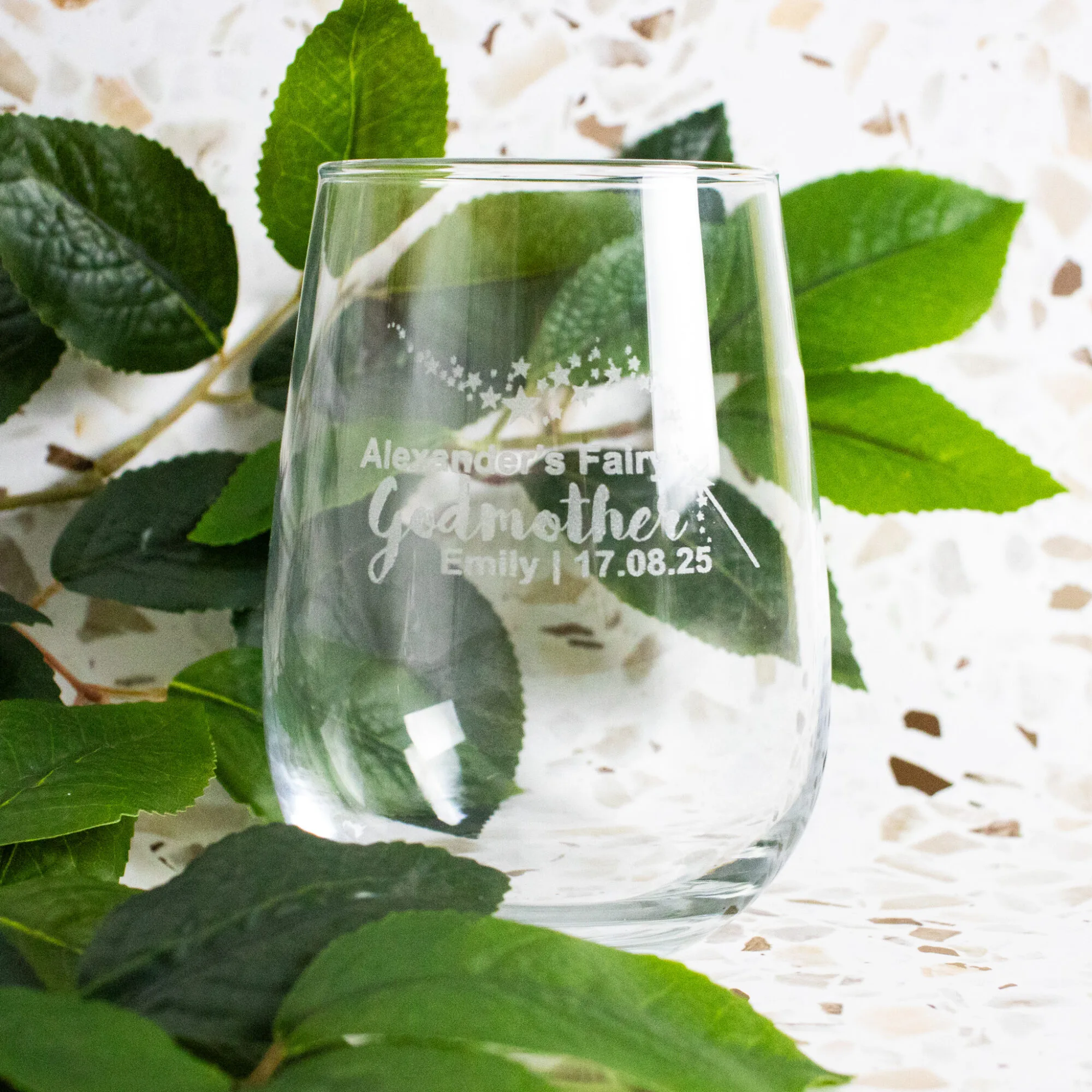 Stemless wine glass: godparent design 3 Stemless wine glass godparent design