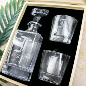 Monogram Boxed Vintage Decanter Set With Two Glasses