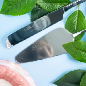 Personalised engraved wedding knife and server set