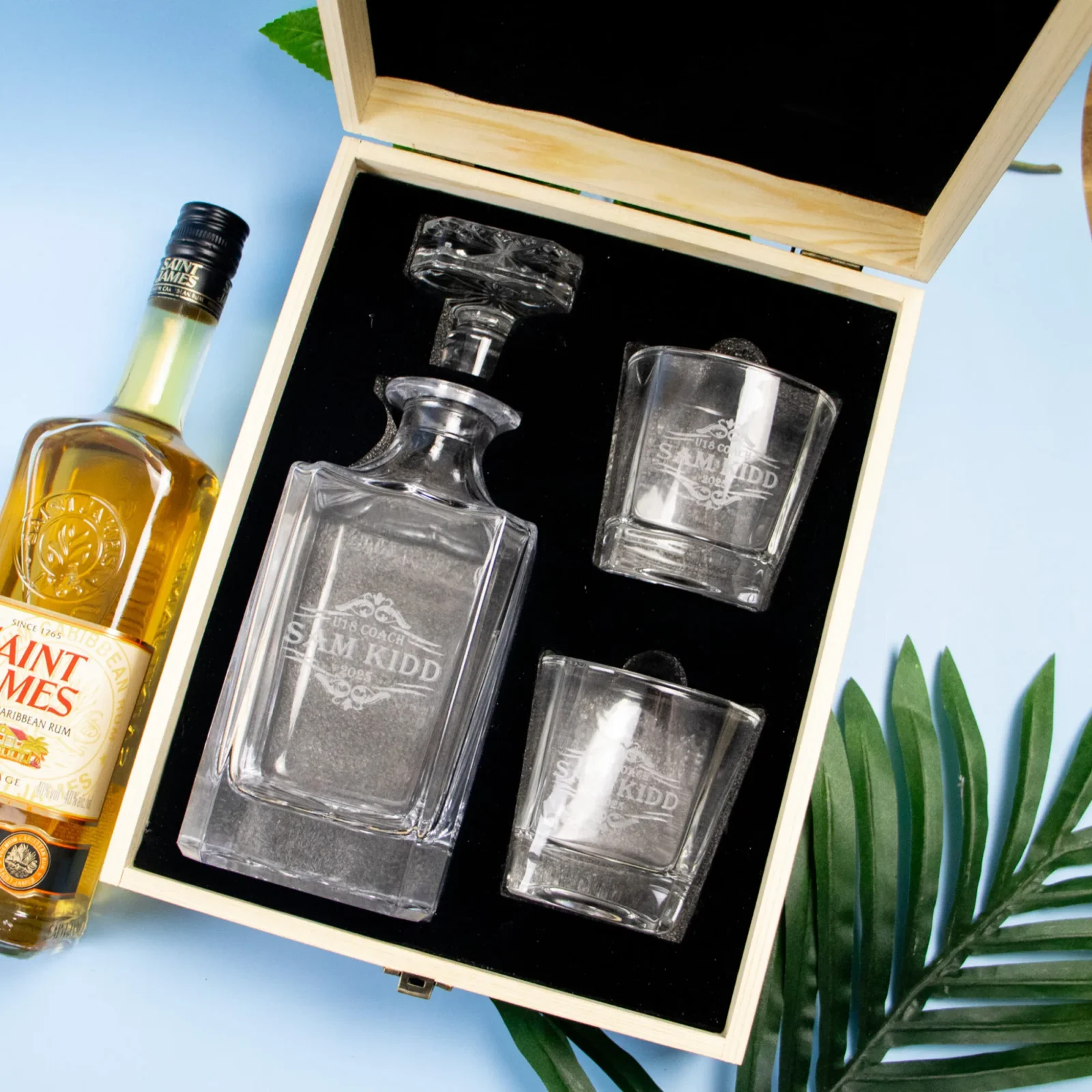 Fancy Vintage Boxed Decanter Set With Two Glasses