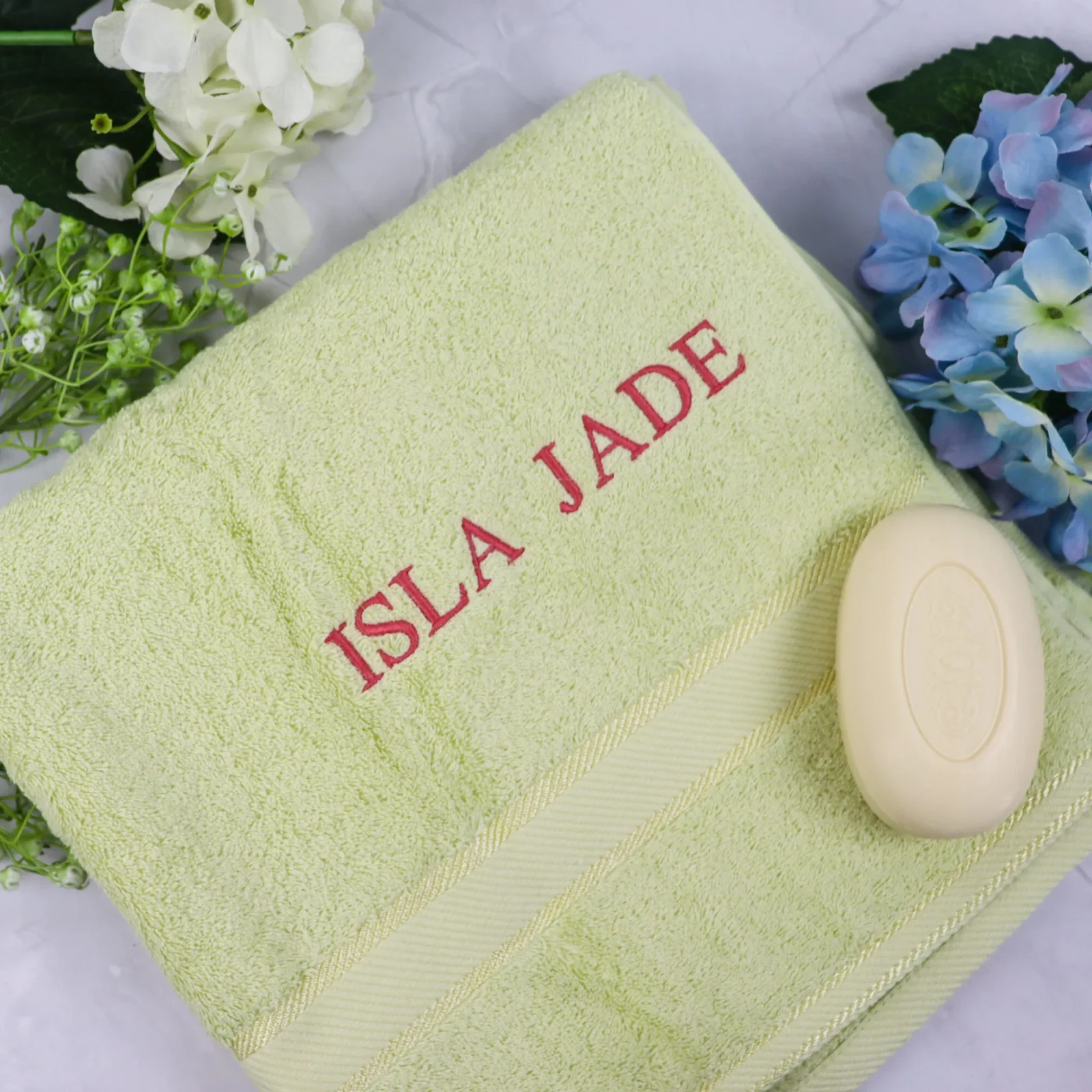 Apple Green Embroidered Bath Towel