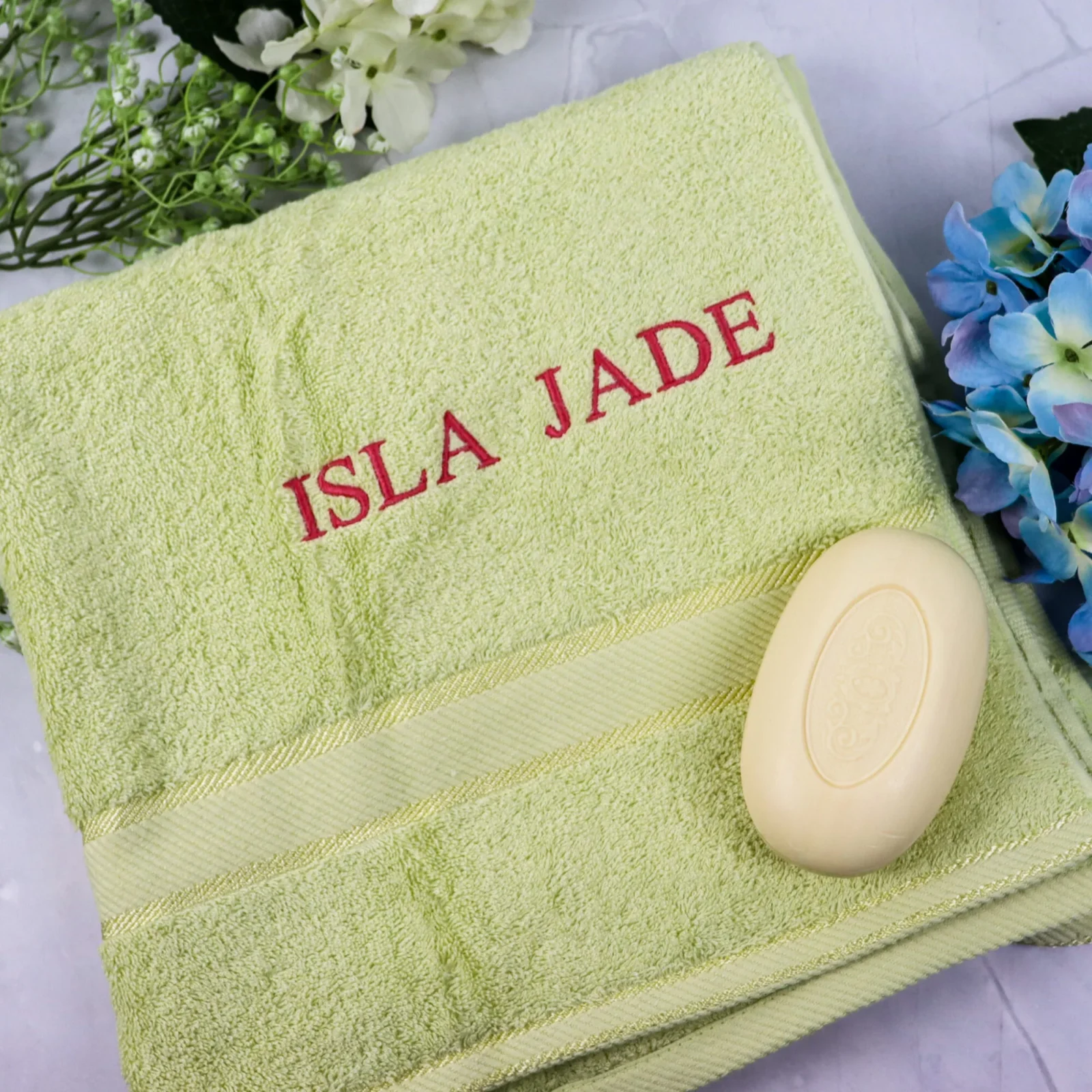 Apple Green Embroidered Bath Towel