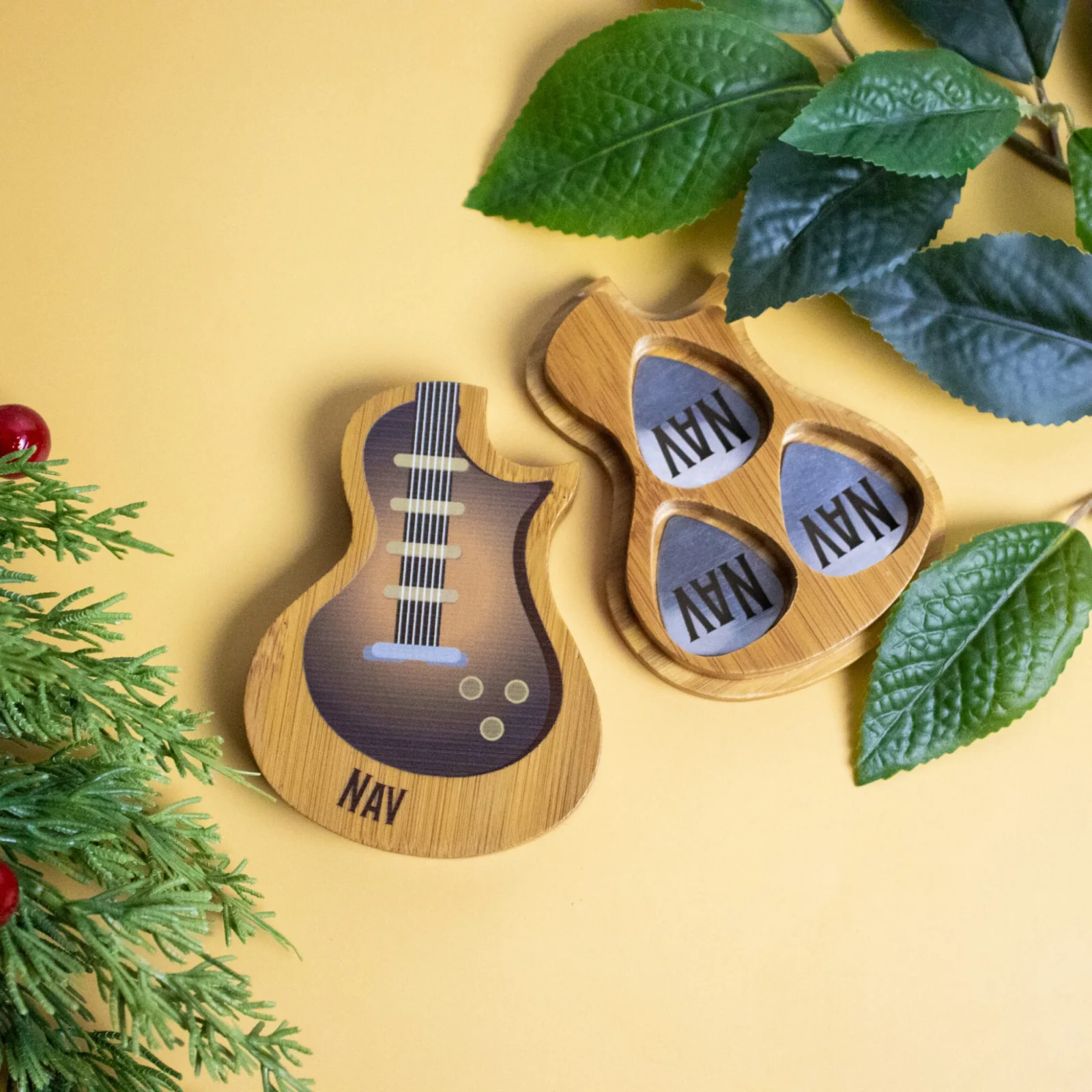 Personalised Boxed Guitar Picks Set of Three - Engraved Steel Picks & Printed Bamboo Box