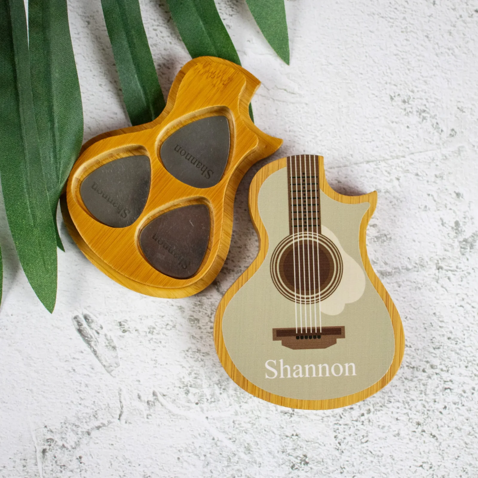 Personalised Boxed Guitar Picks Set of Three - Engraved Steel Picks & Printed Bamboo Box