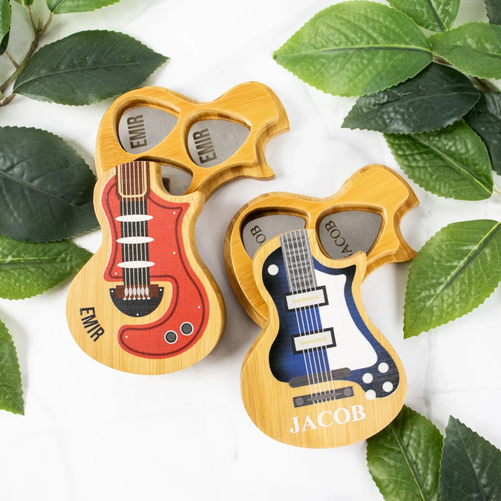 Personalised Boxed Guitar Picks Set of Three - Engraved Steel Picks & Printed Bamboo Box