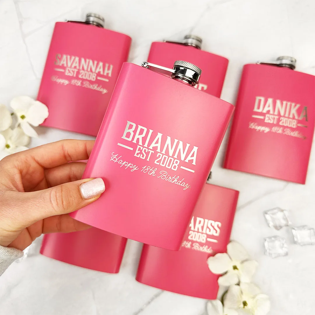 Birthday Engraved Flask in 8oz in Pink