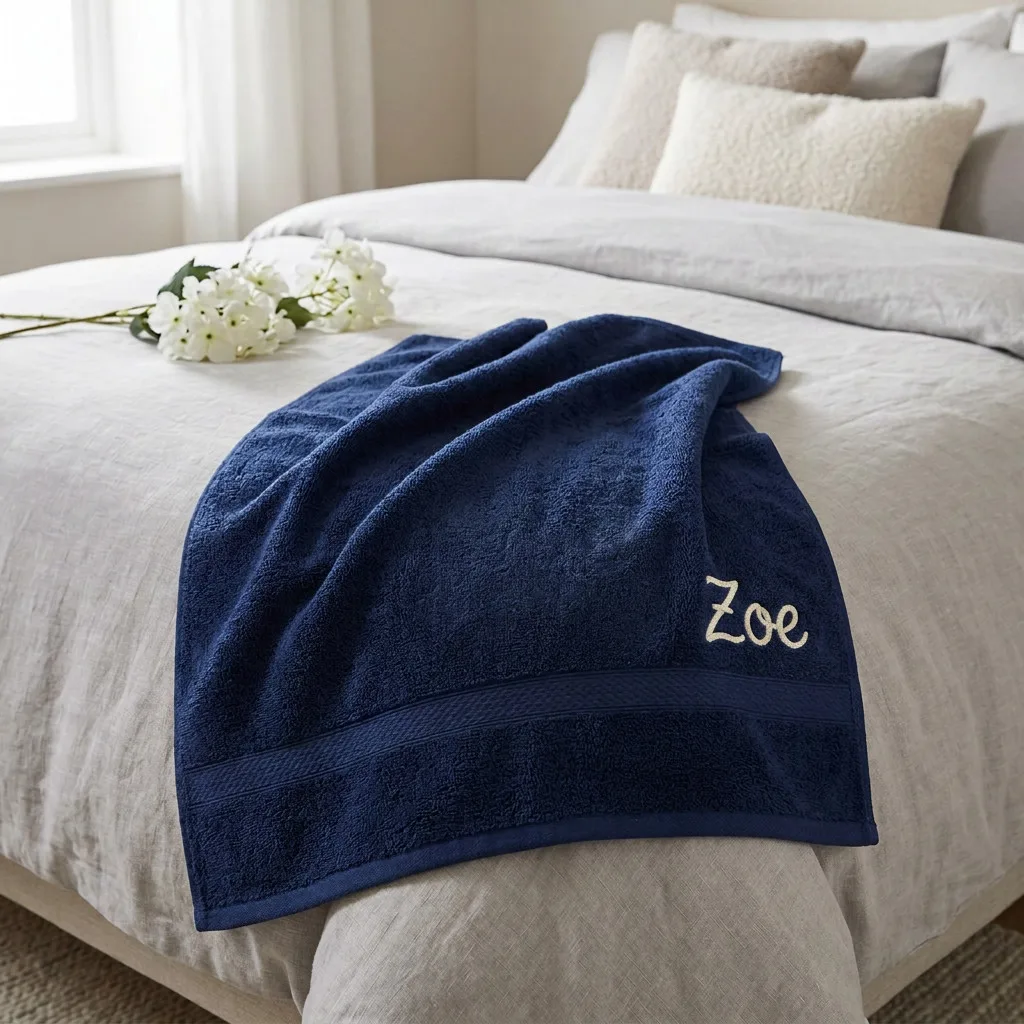 Navy Blue Embroidered Bath Towel