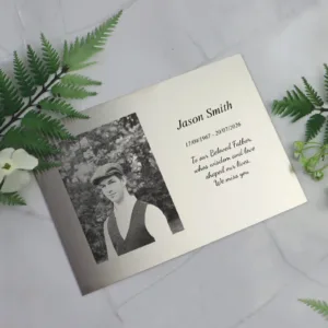 Memorial plaque in marine stainless steel with photo